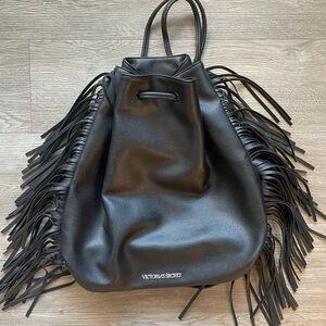 Victoria’s Secret Fringe Drawstring Faux Black Leather BOHO Backpack Bag Purse